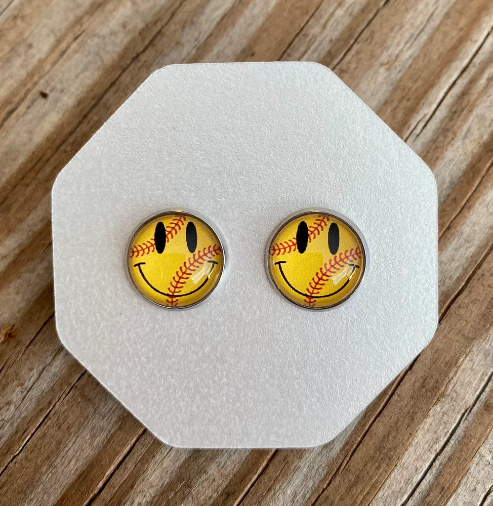 Retro Smiley Softball Hypoallergenic Earrings