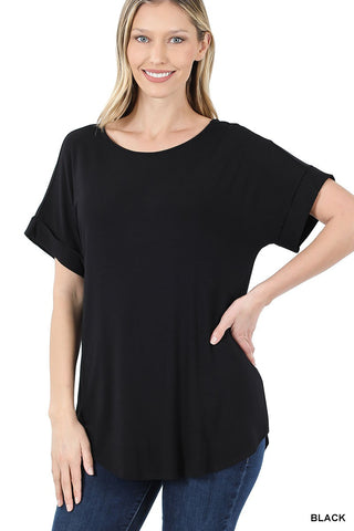 Luxe Rayon Rolled Sleeve Boat Neck Top, Black