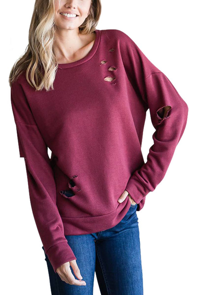Burgundy Distressed Pullover Sweatshirt