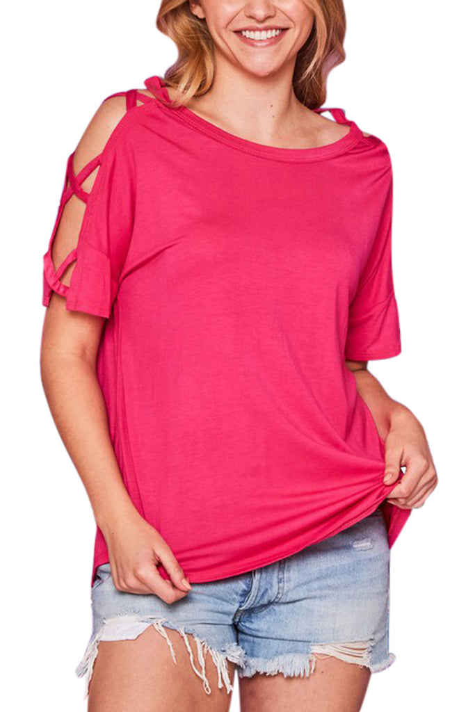 Short Sleeve Strappy Cutout Shoulder Top
